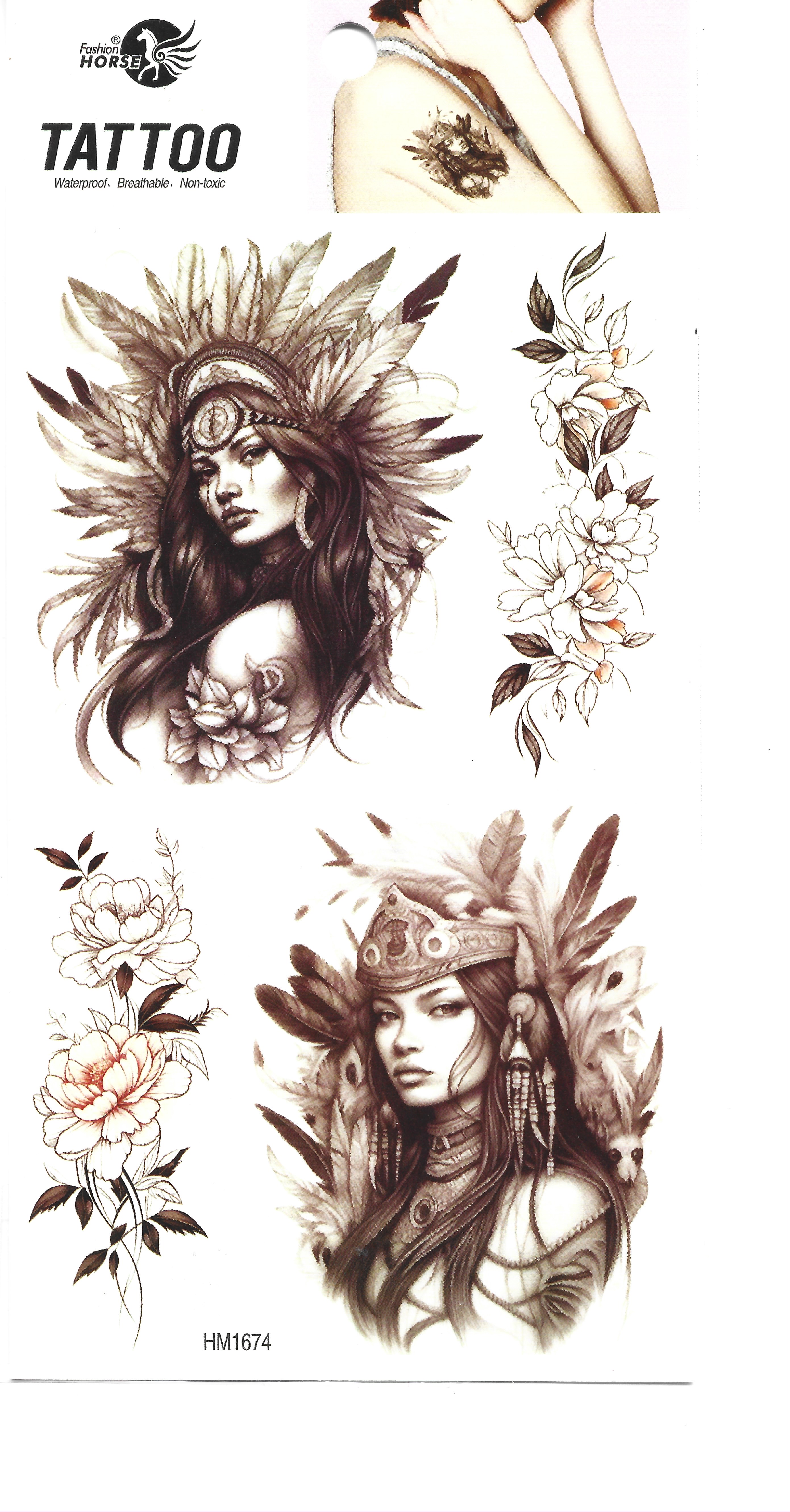 Lámina completa de tatuajes temporales con dos diseños de diosas tribales con tocados de plumas y varios patrones florales.