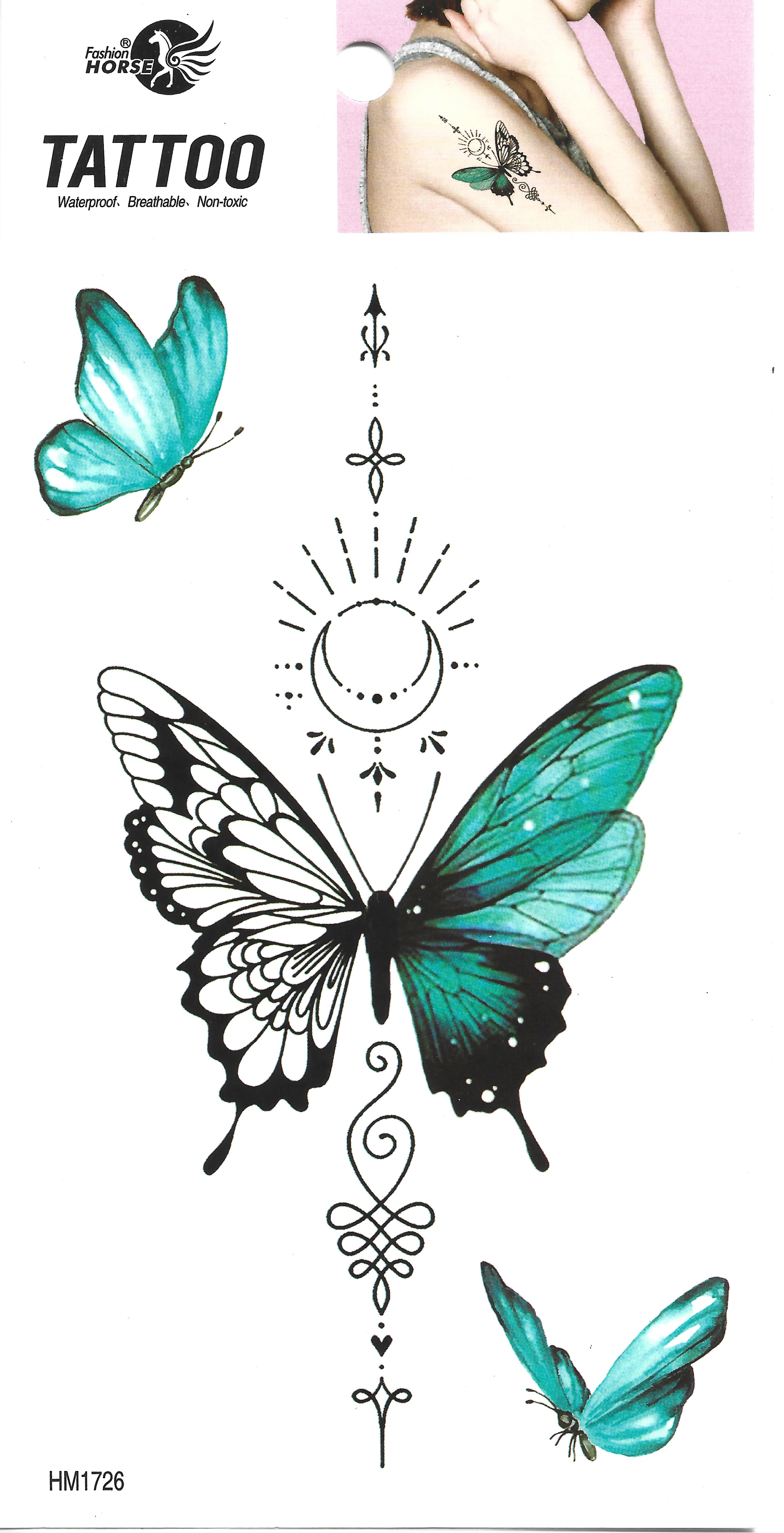 Hoja completa de tatuajes temporales con una gran mariposa turquesa y diseños de mandala, con mariposas más pequeñas y el logo 'Fashion Horse Tattoo'.