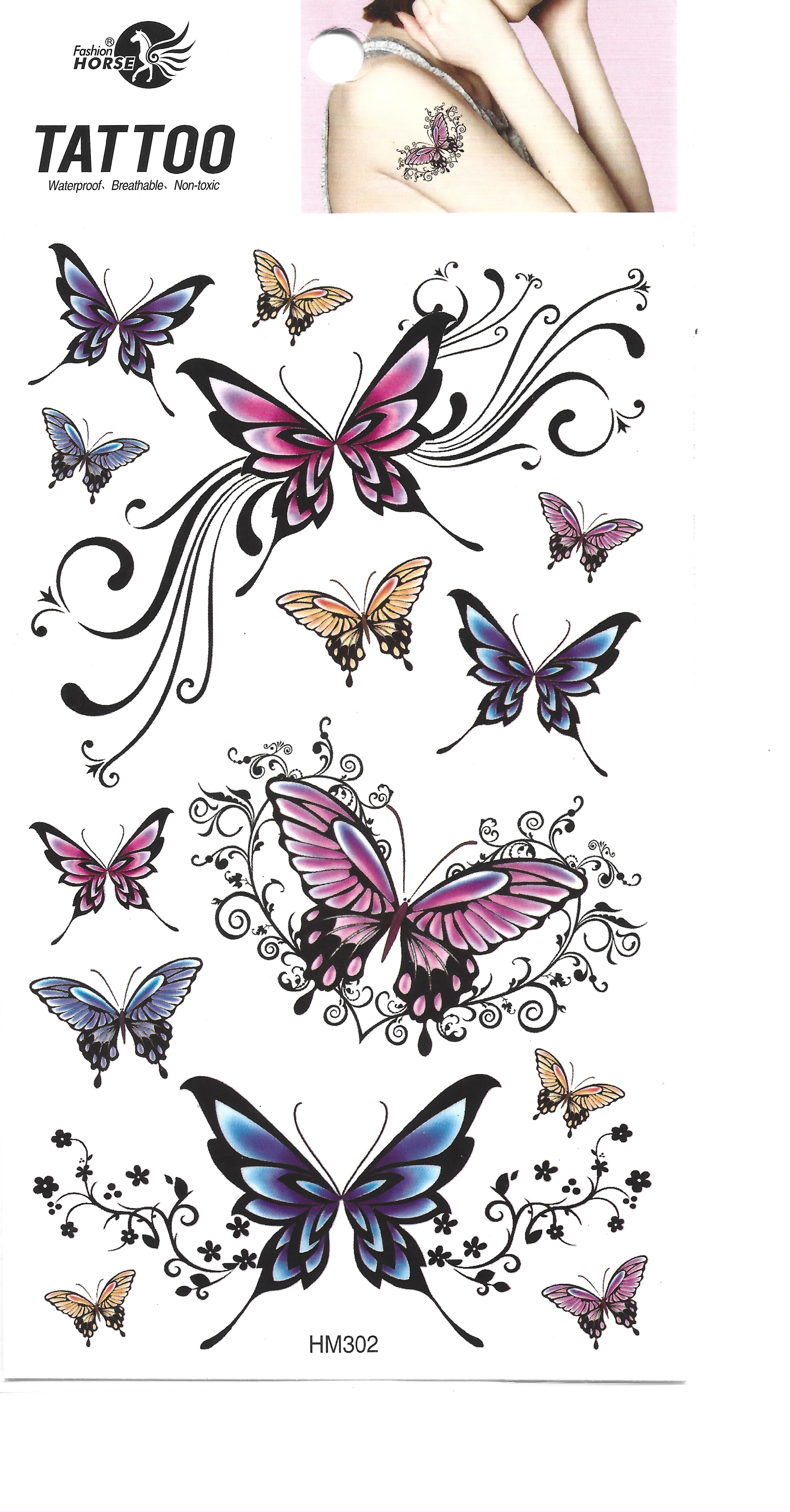 Hoja completa de tatuajes temporales de mariposas con una modelo llevando uno en su hombro.