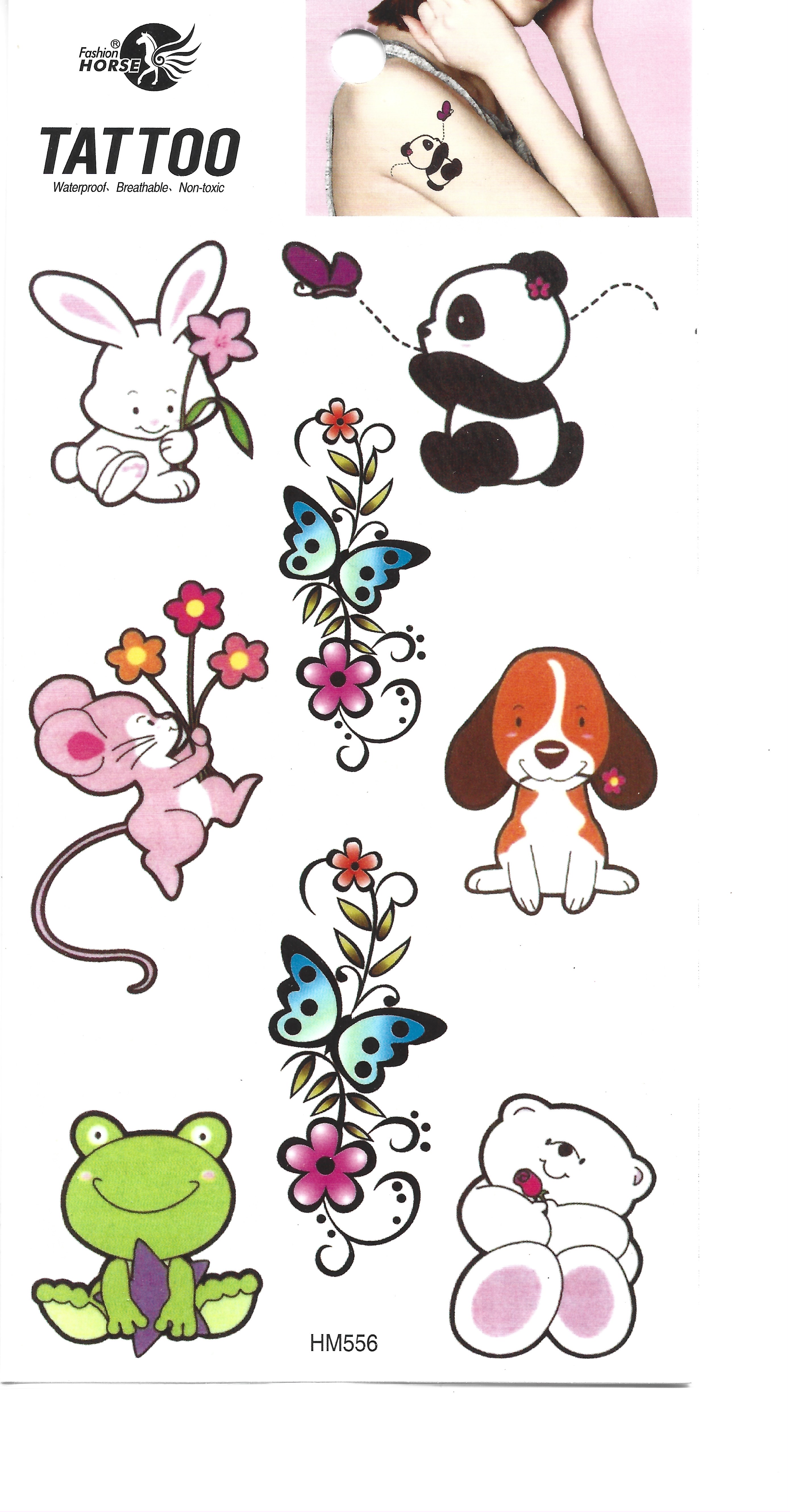 Hoja completa de tatuajes temporales con varios diseños adorables de animales y naturaleza, incluyendo un conejito, panda, ratón, beagle, rana, osito de peluche, mariposas y flores.