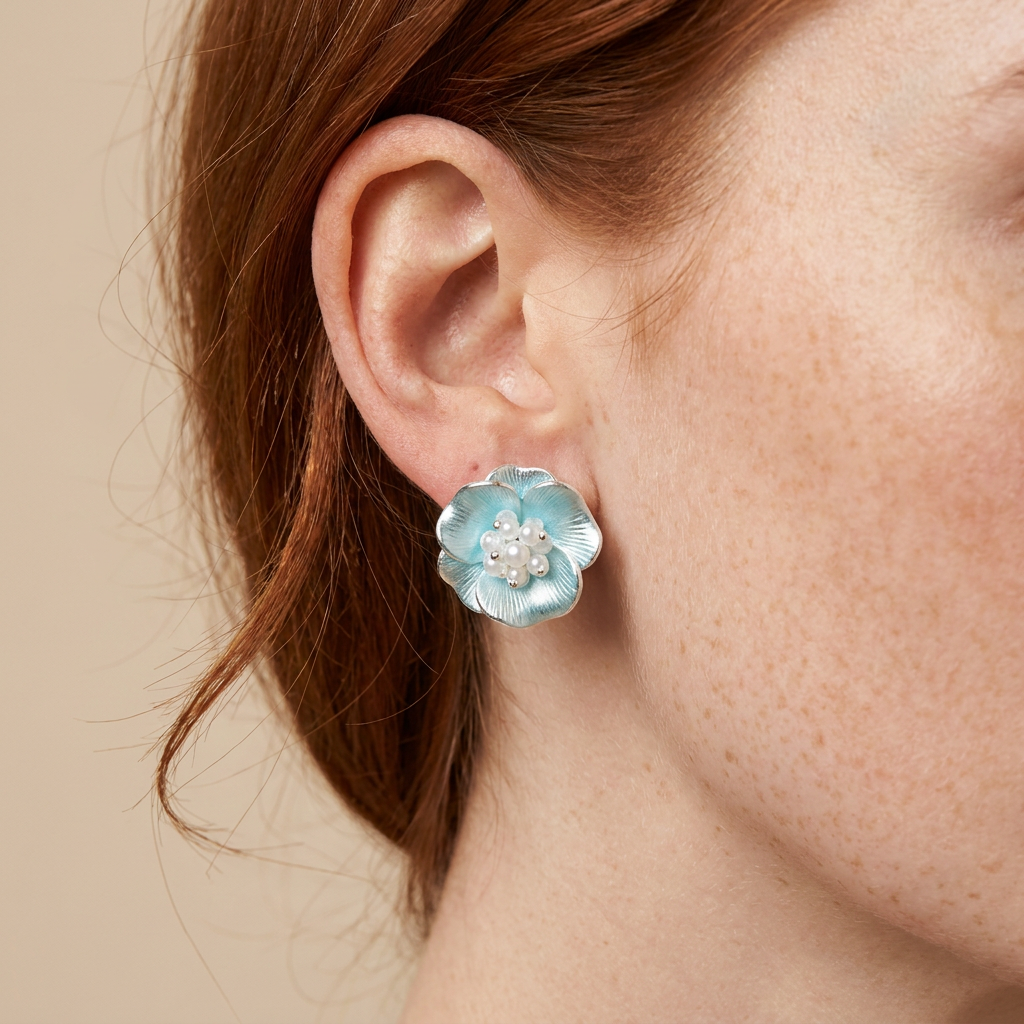 Pendientes Florales en Tonos Azules (BO-PD-023) puestos en la oreja — pendientes para mujer, puestos en la oreja · Lola y Sol (BO-PD-023)