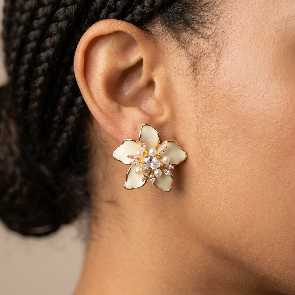 Pendientes de Botón Florales con Perlas (BO-PD-024) puestos en la oreja — pendientes para mujer, puestos en la oreja · Lola y Sol (BO-PD-024)