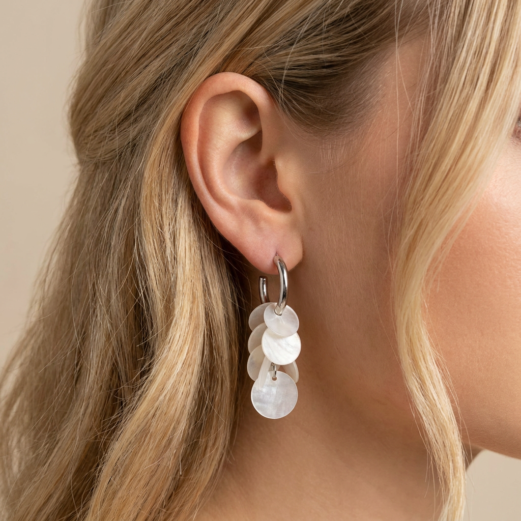 Pendientes de Discos Acrílicos Blancos (BO-PD-026) puestos en la oreja — pendientes para mujer, puestos en la oreja · Lola y Sol (BO-PD-026)
