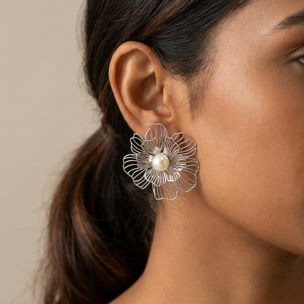 Pendientes Florales con Perlas (BO-PD-038) puestos en la oreja — pendientes para mujer, puestos en la oreja · Lola y Sol (BO-PD-038)