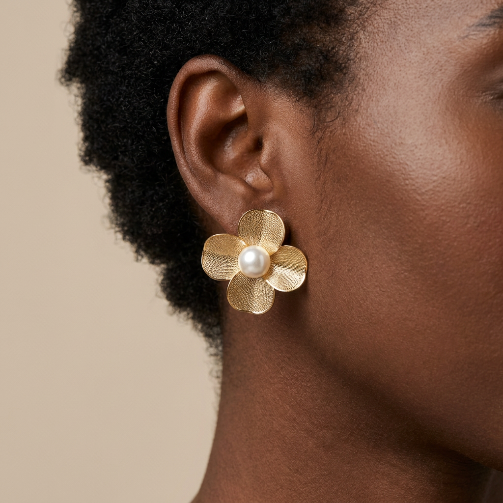 Pendientes Flor Dorada con Perla (BO-PD-039) puestos en la oreja — pendientes para mujer, puestos en la oreja · Lola y Sol (BO-PD-039)