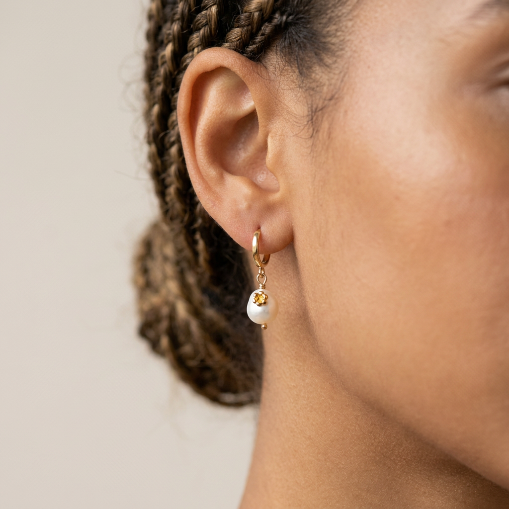 Pendientes de Aro con Perla Elegante (EAR 007) puestos en la oreja — pendientes para mujer, puestos en la oreja · Lola y Sol (EAR-007)