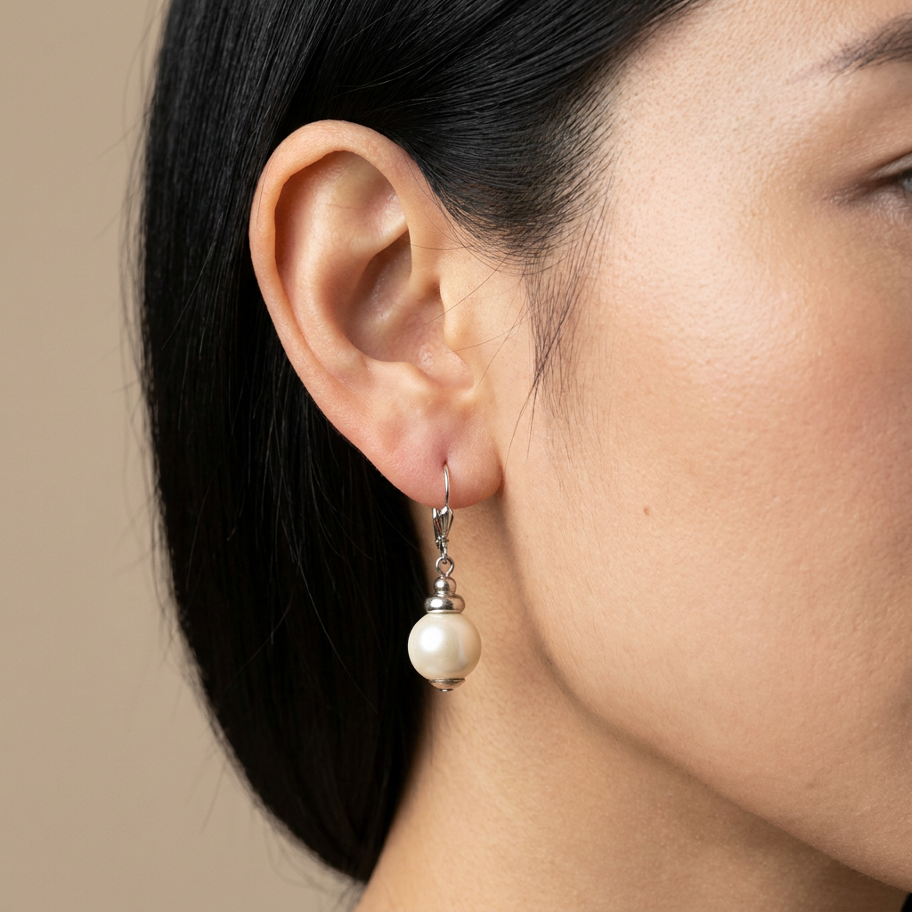 Pendientes Largos Elegantes con Cuenta de Cerámica (EAR.010) puestos en la oreja — pendientes baratos, puestos en la oreja · Lola y Sol (EAR-010)