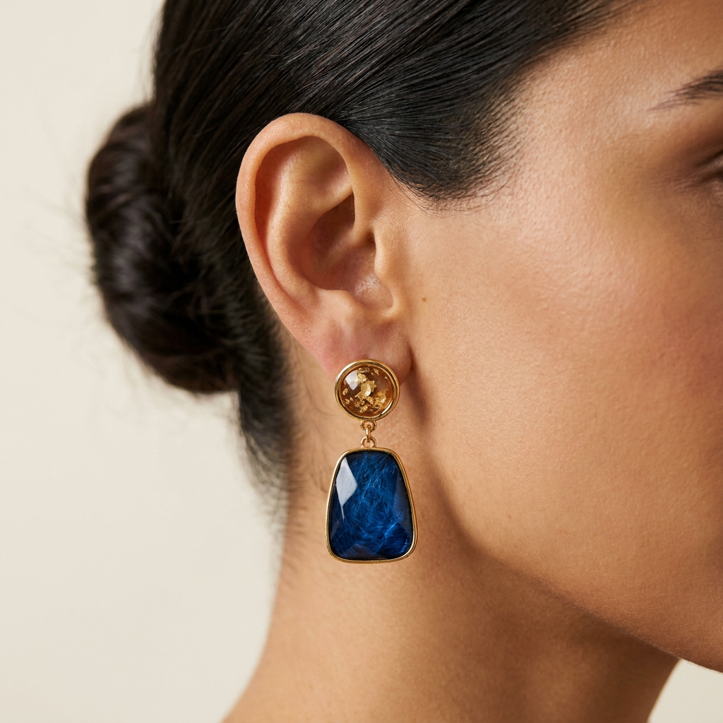 Pendientes Colgantes Geométricos en Azul y Ámbar (EAR-024) puestos en la oreja