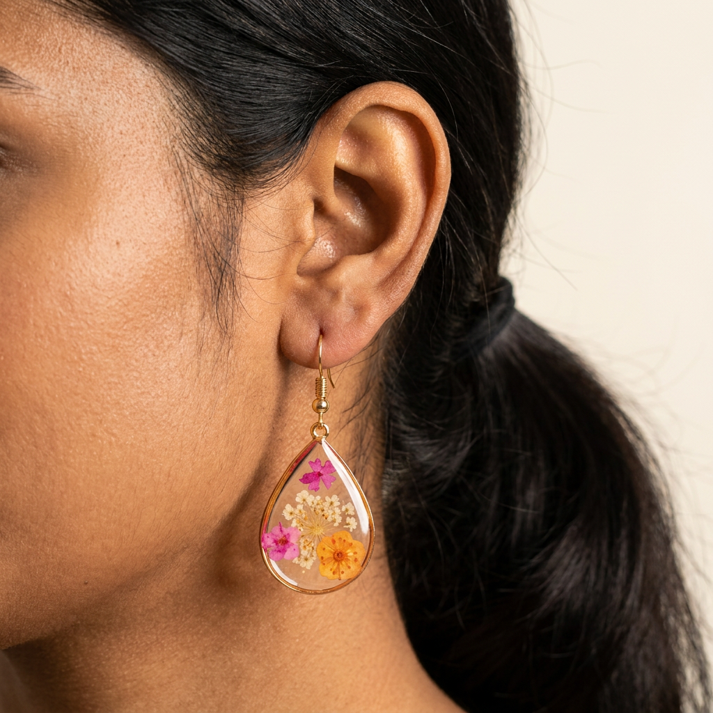 Pendientes de gota con flores secas en resina (EAR-032) puestos en la oreja